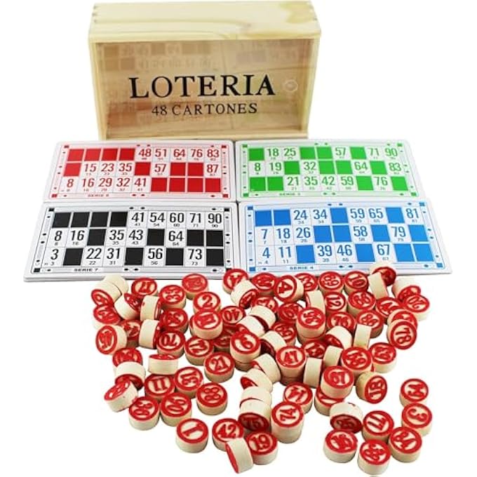 rayihni BINGO GAME TRADITIONAL LOTTERY 48 CARDS 90 2-SIDED NUMBERED TILES WOODEN STORAGE BOX - Image 1